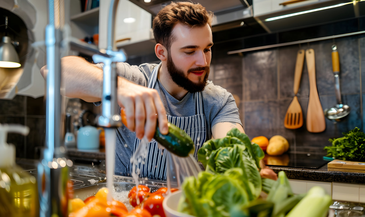 Composición editorial de una cocina práctica con utensilios organizados